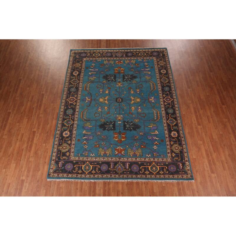 Blue Oushak Oriental Area Rug Handmade Wool Carpet - 8'11" X 11'8"