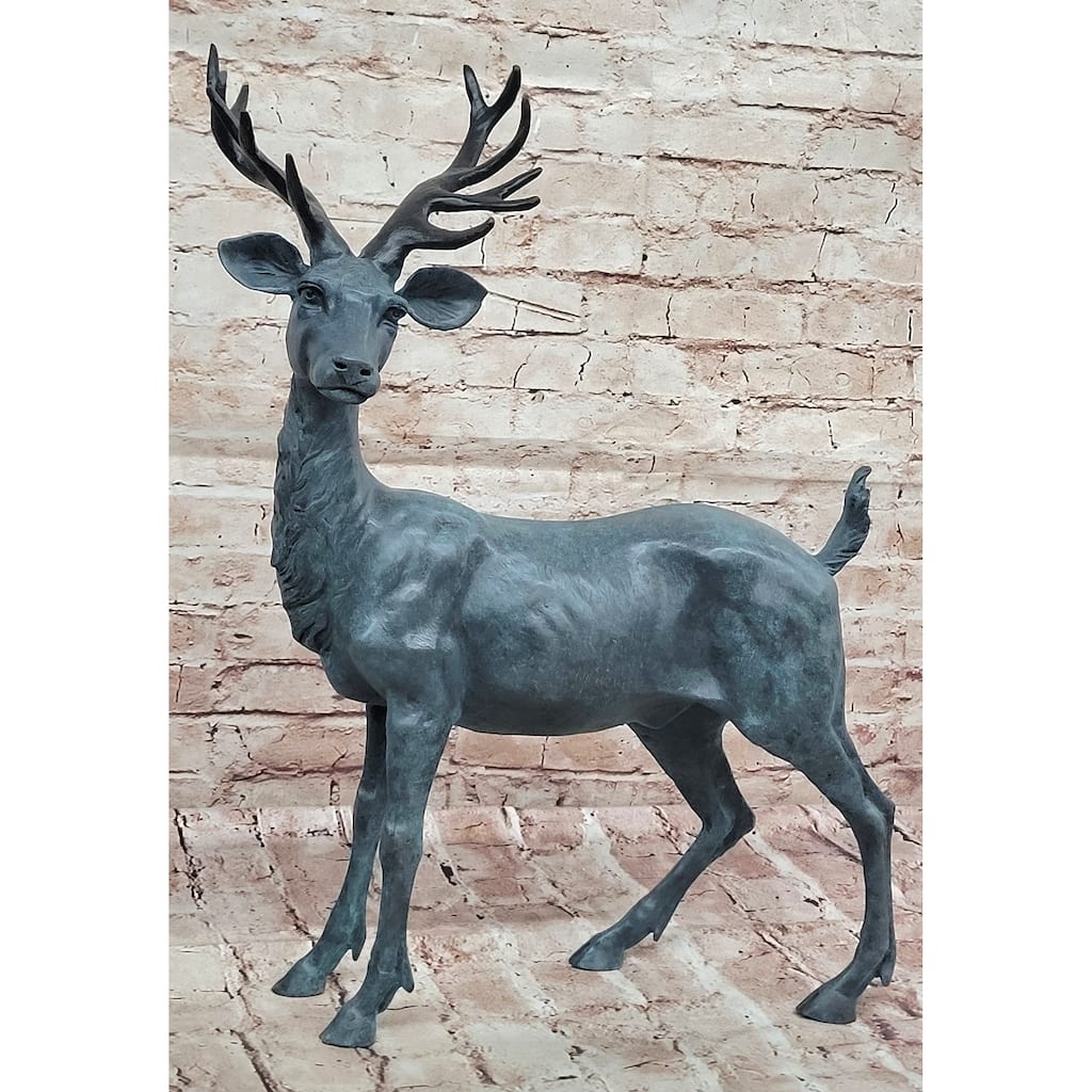 Bronze Deer Stag W/ Antlers Statue Realistic Wildlife Sculpture Decor