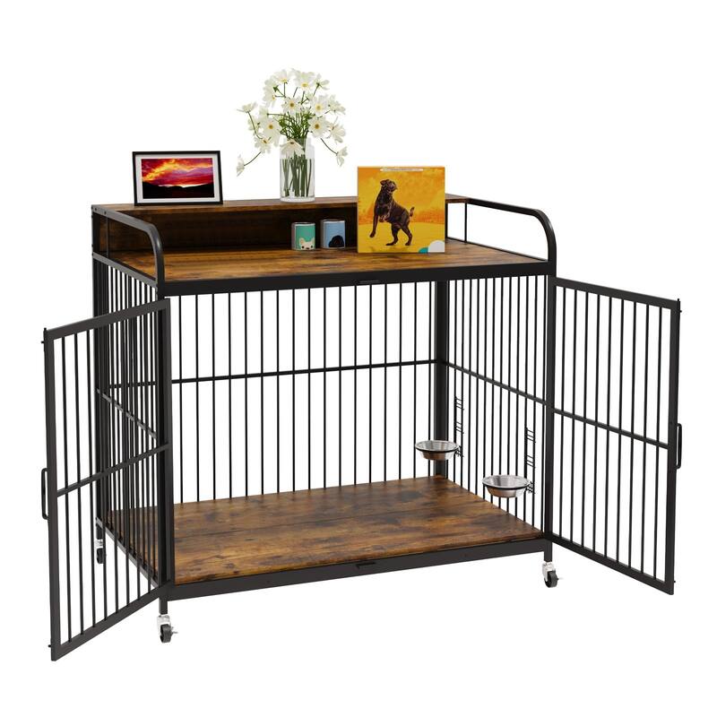 Dog Crate with Wheels, Adjustable Feeder, Storage Shelf, Table Top - Brown - Medium Size