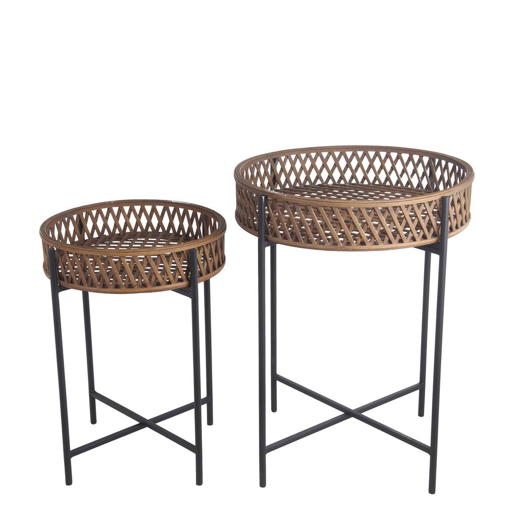 Diamond Pattern Metal and Wood Plant Stand, Set of 2, Brown and Black
