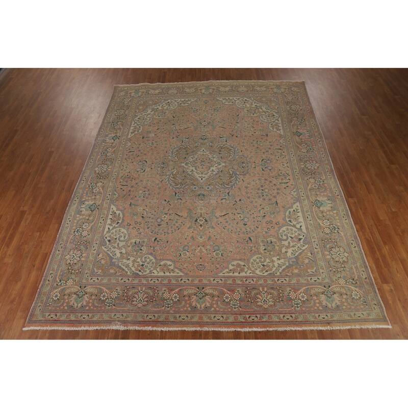 Distressed Floral Tabriz Persian Area Rug Handmade Wool Carpet - 9'10" x 12'9"