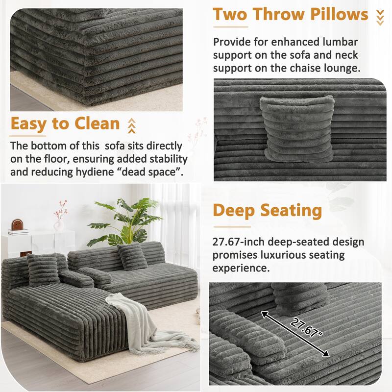 Floor Recliner Sofa Bed Convertible L-shape Sectional Sofa, Cloud Upholstered Sleeper Couch Modular Chaise Lounge with 2 Pillows