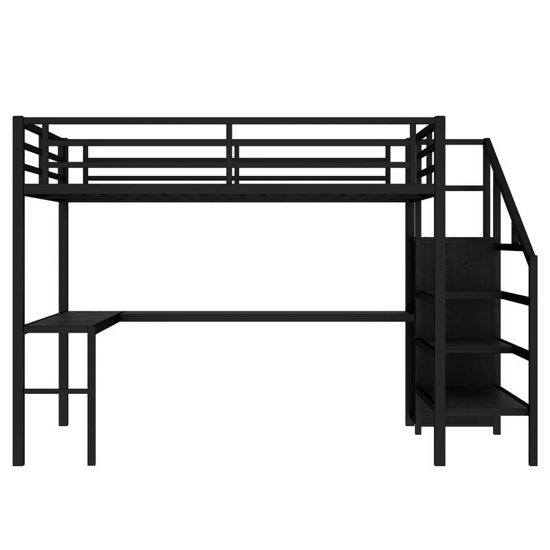 Roomfitters Queen Loft Bed with L-Shaped Desk and Wardrobe, Metal High Sleeper with LED and USB Ports, Black