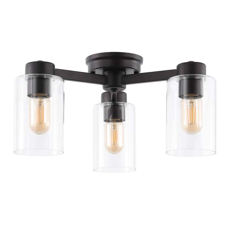Orville 17" 3-Light Farmhouse Industrial Iron Cylinder LED Semi Flush Mount, Oil Rubbed Bronze/Clear by JONATHAN Y