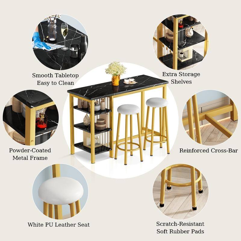 Grondin Modern Contemporary Faux Marble 3 Piece Bar Table Set with 2 Upholstered Stools and Extra Storage Shelves