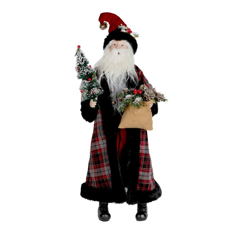 Plaid Santa with Frosted Pine Christmas Figurine - 27.5" - Red and Black