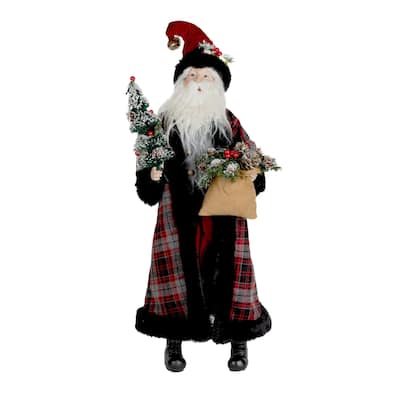 Plaid Santa with Frosted Pine Christmas Figurine - 27.5" - Red and Black
