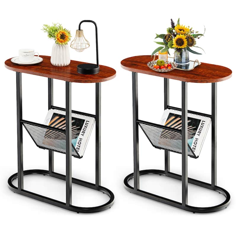 Costway 2 PCS 2-tier Side Table Oval Narrow End Table Nightstand - 23'' x 11'' x 25.5'' - Rustic Brown - 23'' x 11'' x 25.5''