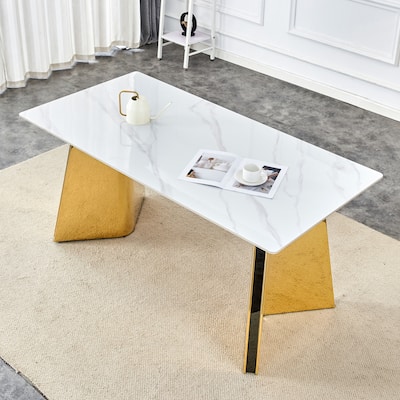 Luxurious Snow Mountain Stone Slab Dining Table with Stainless Steel Butterfly Legs