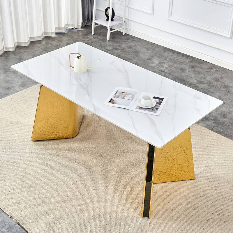 Roomfitters Snow Mountain Slab Dining Table with Scratch Resistant Top and Gold Stainless Legs, Gold, White - Gold,White