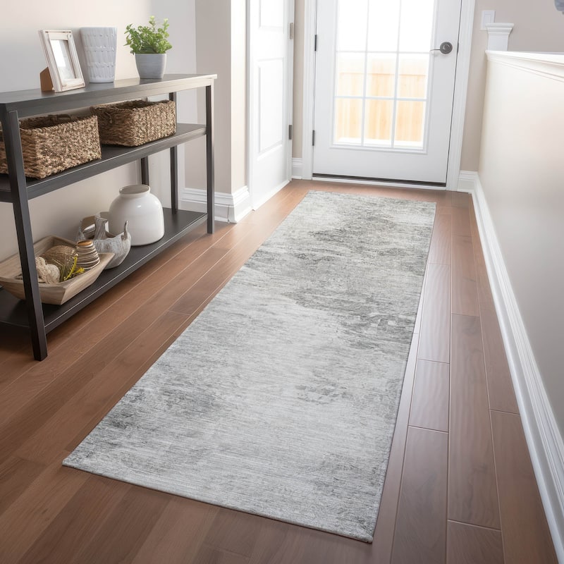 Machine Washable Indoor/ Outdoor Chantille Abstract Watercolor Rug - Silver - 2'3" x 7'6"