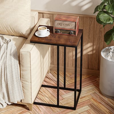 COZAYH Farmhouse C Shaped Couch End Table, Small Snack Sofa Side Table with Metal Frame
