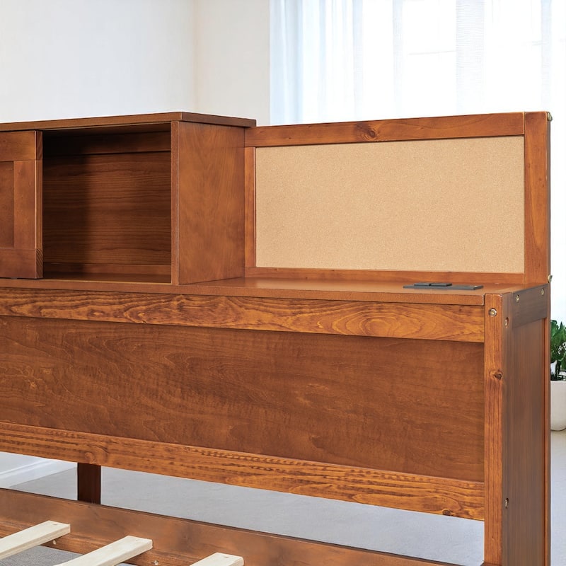 Wood Twin/Full Daybed Frame with Storage Drawers, USB Charging Ports, Shelf, and Headboard Organizer