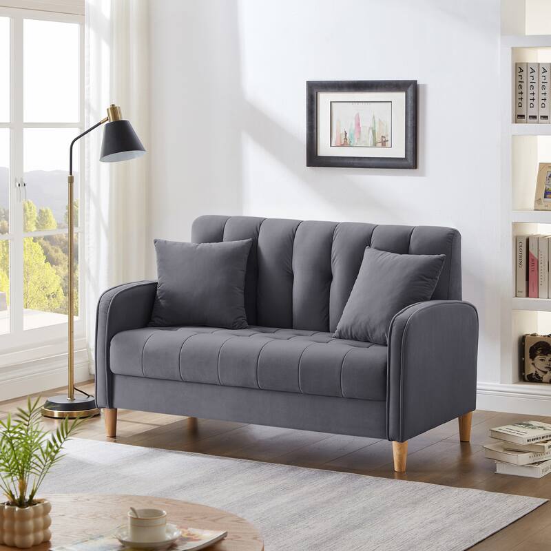 Modern Loveseat, Velvet Tufted Couch Upholstered Futon Sofa with 2 Tufted Pillow for Living Room 2-seat Armchair - Grey