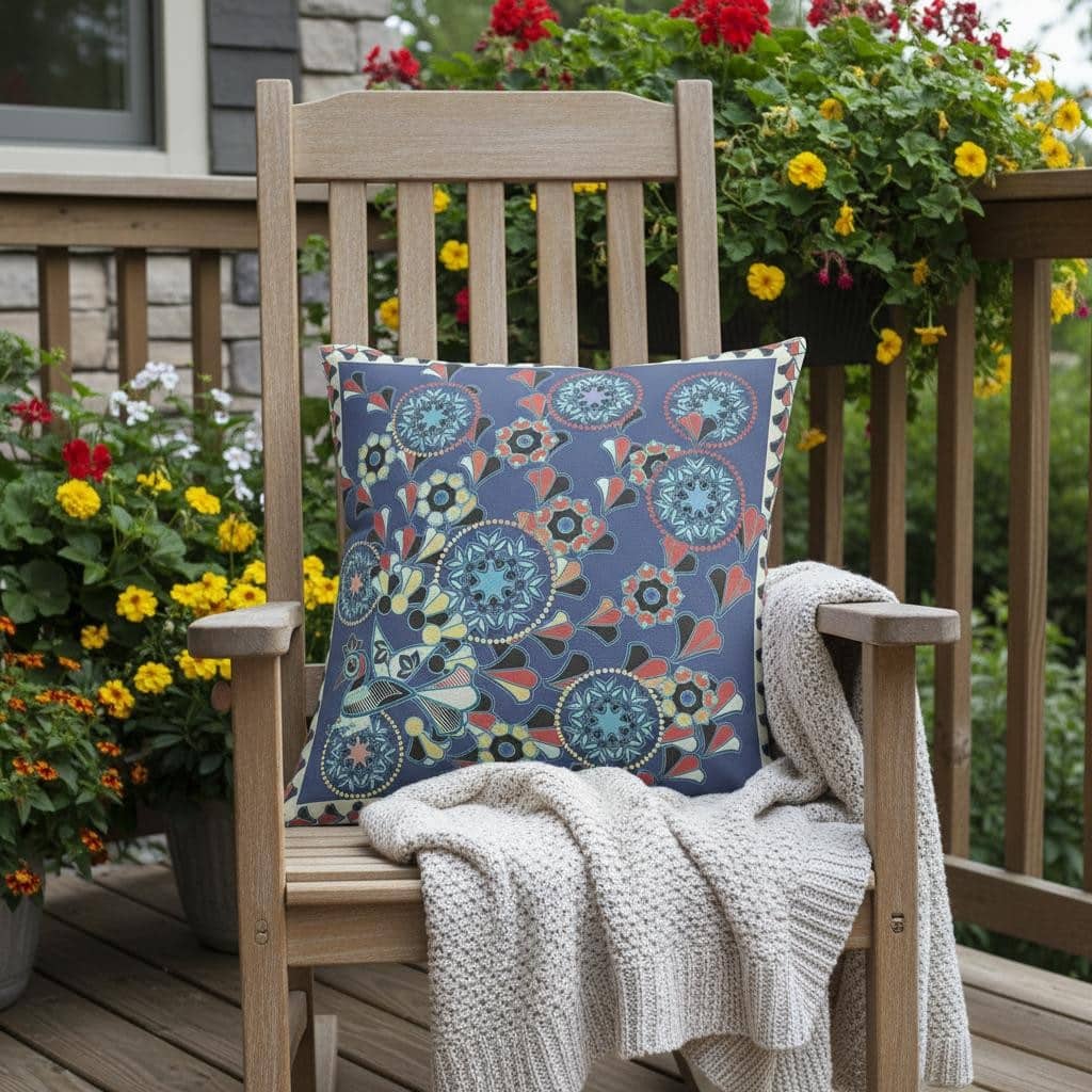HomeRoots 26" x 26" Blue and Off White Peacock Blown Seam Floral Indoor Outdoor Throw Pillow - 26.00' X '5.00' X '26.00