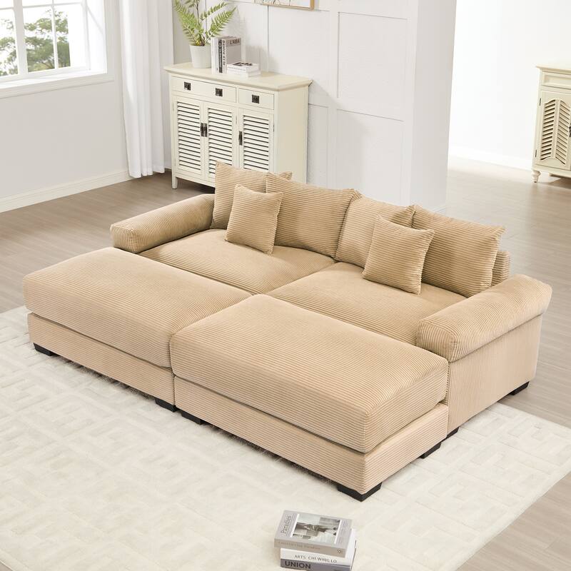 Sectional Couch with 2 Movable Ottomans, 92" Corduroy Couches for Living Room, Upholstered Sofa Couch with Deep Seat for Bedroom - Camel