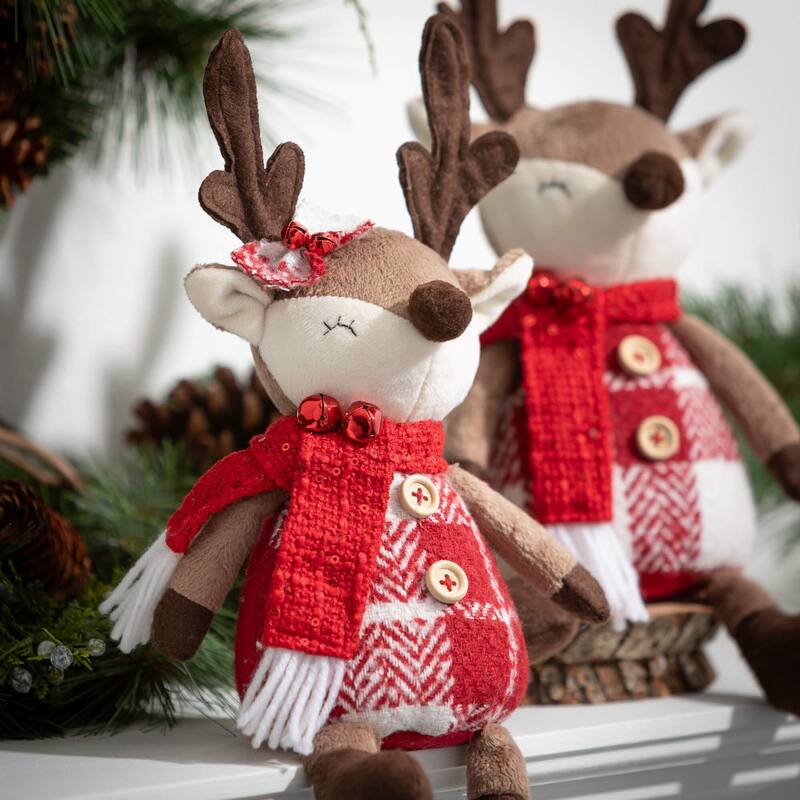 12.25"H Sullivans Christmas Plush Sitting Reindeer Set of 2, Multicolor