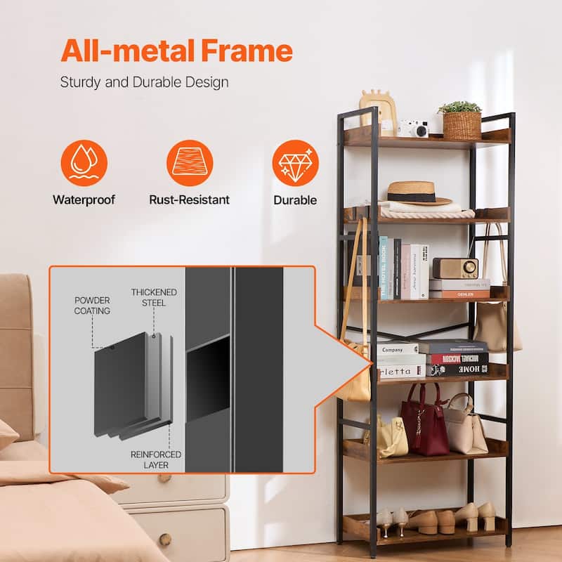 6-Tier Rustic Bookshelf with Black Metal Frame and Open Storage Space Perfect for Any Room - 25.59" x 11.81" x 69.29"