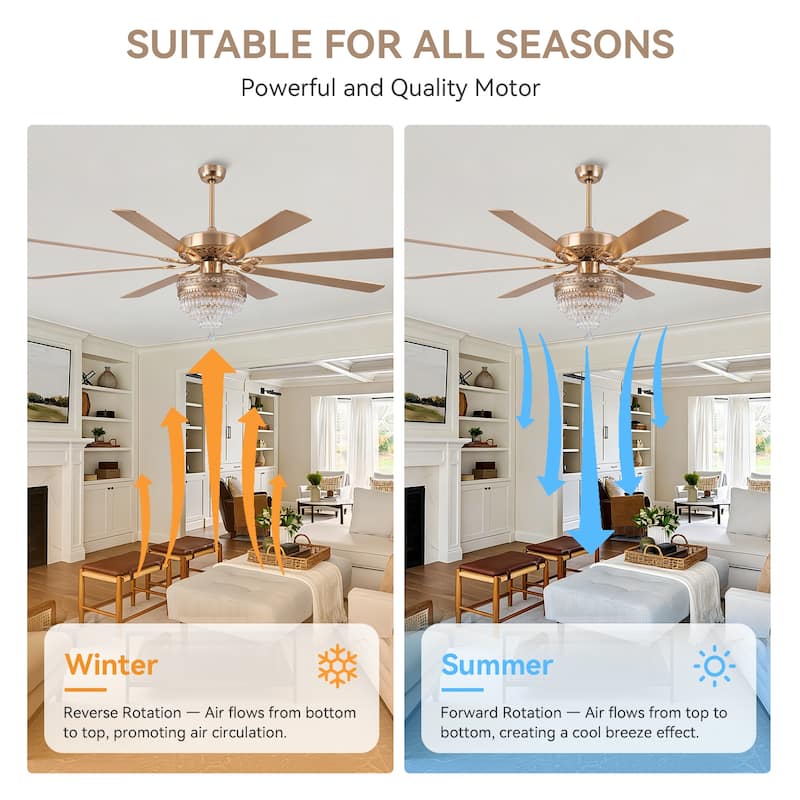 72" Crystal Ceiling Fan Fandelier with Lights and Remote Noiseless DC Motor, Retro/Farmhouse Lighting - 72 Inches