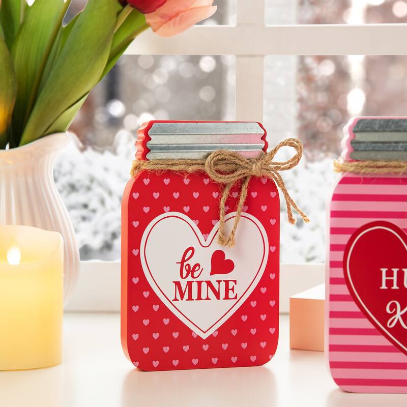 Glitzhome 7"H Set of 3 Valentine's Wooden Mason Jar Table Decor