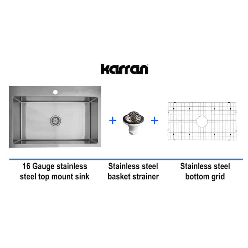 Karran 33" Top Mount Single Bowl Stainless Steel Kitchen Sink Kit