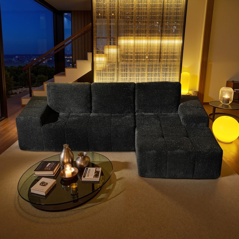 HOOOWOOO Modern Sparkly Velvet Fabric Chaise Sofa Couch - Grey-Right Chaise