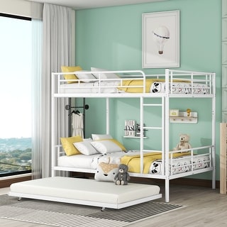 Multifunctional & Useful Design Iron Bunk Bed with Extra Bed for Space-saving, Safety Guaranteed, White