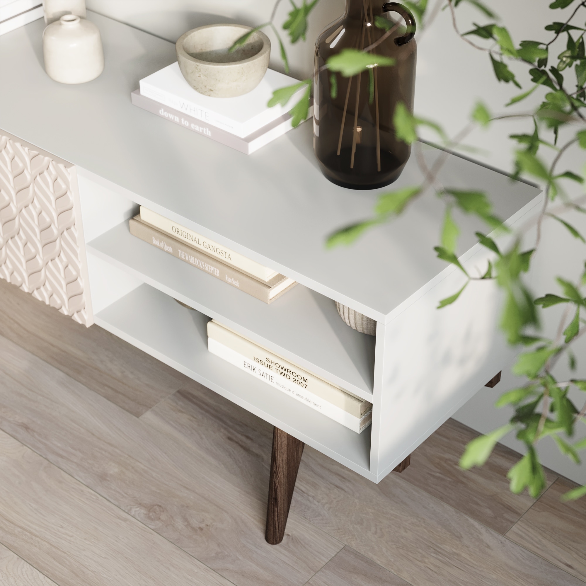 Living Skog Kelly TV Stand Console Fits TV's up to 65 in. with Wood Legs in Mid Century Modern Scandinavian Design