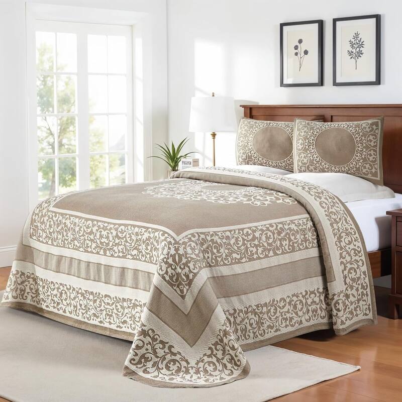 Cotton Blend Oversized Vintage Floral Scroll Bedspread Set by Superior - Taupe - Twin