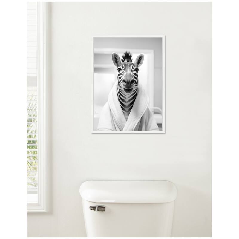 Kate and Laurel Sylvie Zebra Bathroom Art Towel Robe Black and White Framed Canvas by The Creative Bunch Studio