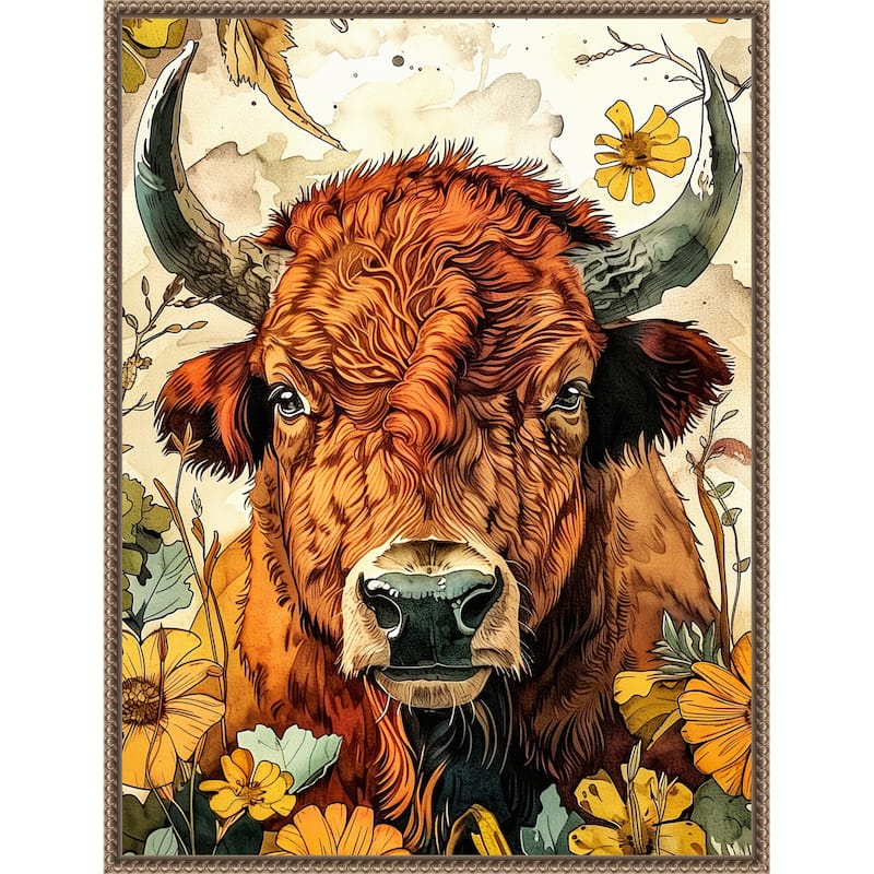 Buffalo in Flowers by Justyna Jaszke Framed Canvas Wall Art