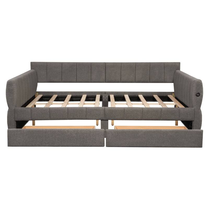 Upholstered Daybed with 2 Storage Drawers, Queen Size Sofa Bed Frame with USB Ports Design and Wood Slats Support