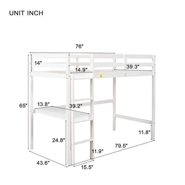 dimension image slide 2 of 3, Twin Size Wood Loft Bed with Desk & Safety Guardrails