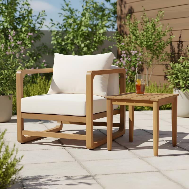 Christopher Knight Home - Solara Modern Outdoor Wooden Lounge Chair with White Cushion and Side Table - Teak 4 Legs Table - 1 chair