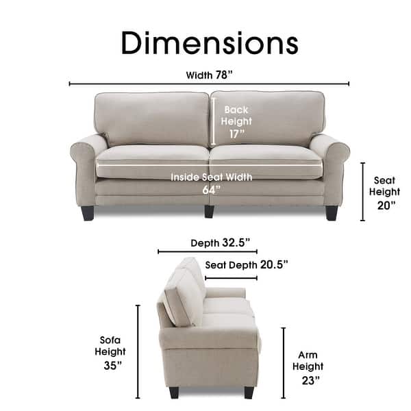 dimension image slide 4 of 11, Serta Copenhagen 78" Sofa Couch for Two People, Pillowed Back Cushions and Rounded Arms, Durable Modern Upholstered Fabric