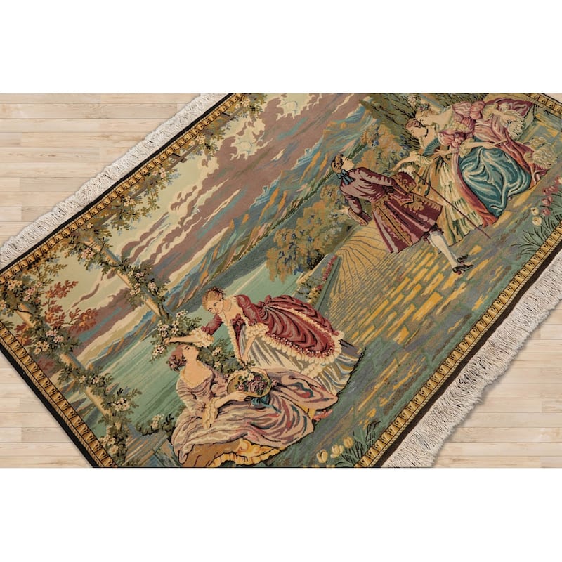 Hand Knotted Beige,Black 100% Wool Pictorial Oriental Area Rug - 3' 2'' x 4' 10''