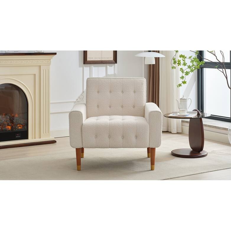 Roomfitters Classic Tufted Accent Armchair with Upholstered Fabric, Comfortable Armrests and Solid Wood Legs, Beige