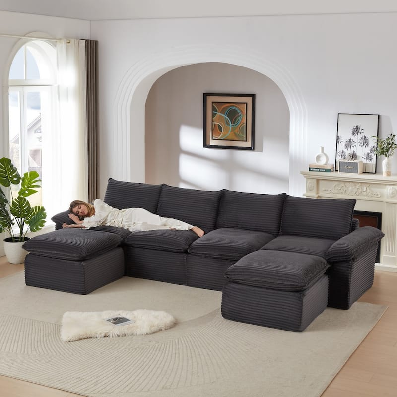 141.74" Modern Comfy Sectional Corduroy Sofa with Two Ottomans