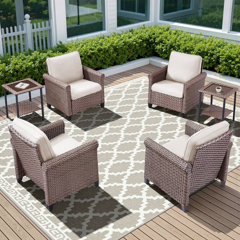 Pocassy Outdoor Sofa Swivel Chairs Patio Chair Funiture Set - 6PCS Patio Chair w/ Table - Brown Wicker Blue Cushion