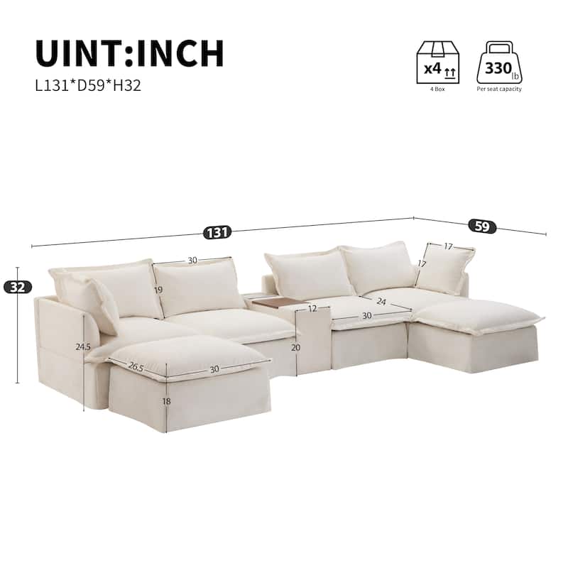 U-Shaped Wide Seat Sectional Sofa w/Console, 2 Ottoman, Cup Holder, USB