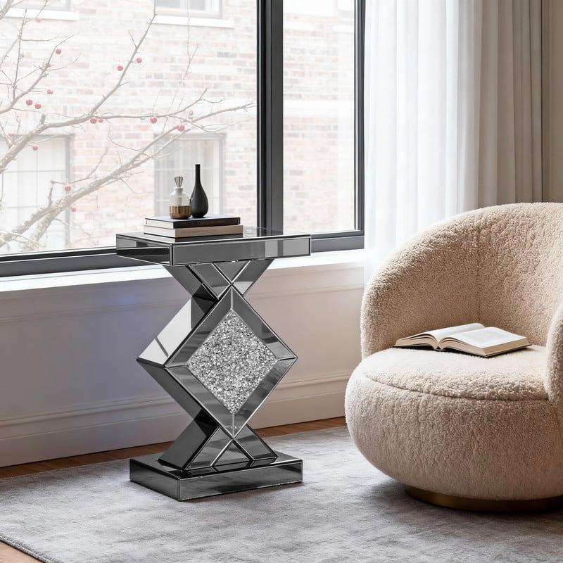 Modern Mirrored Glass Top End Table with Crushed Diamond