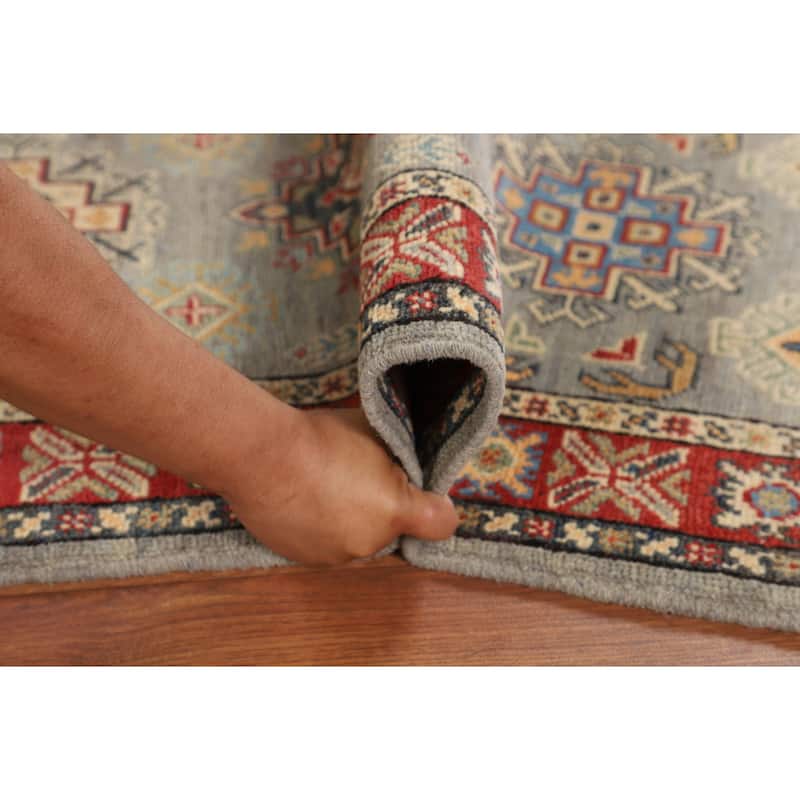 Geometric Kazak Oriental Runner Rug Hand-Knotted Grey Wool Carpet - 2'3" x 5'11"