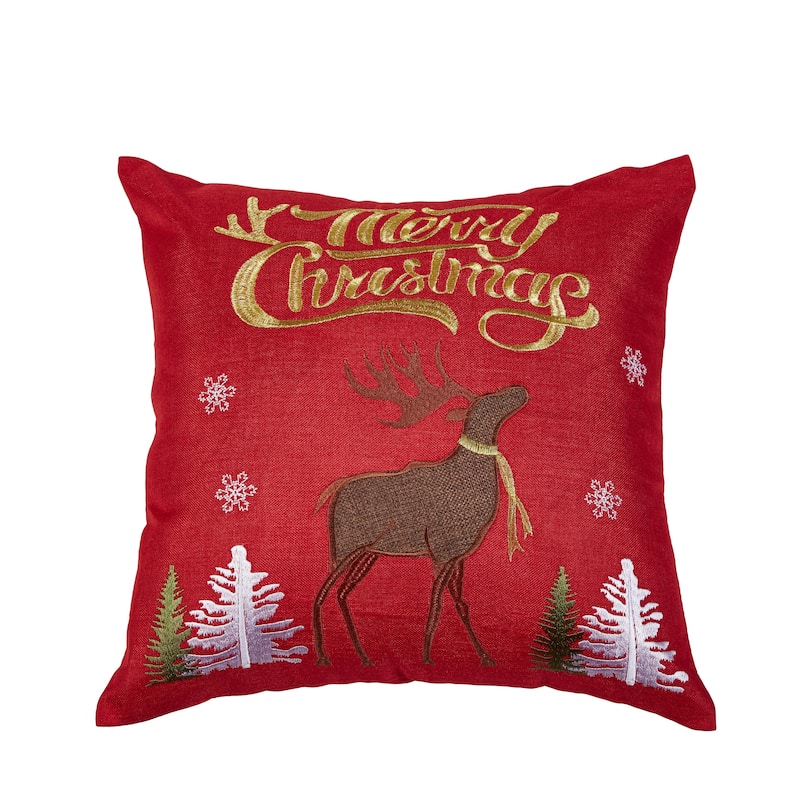 Violet Linen Seasonal Xmas Christmas Holiday Spirits Pattern Decorative Cushion Cover - Reindeer on Red