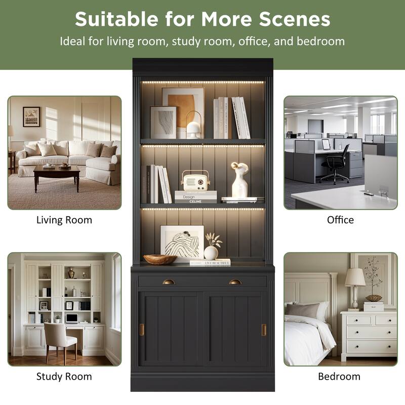 83.4" Modern LED Bookshelf with Sliding Doors & Open Shelves - Space-Saving Storage Bookcase for Living Room and Home Office