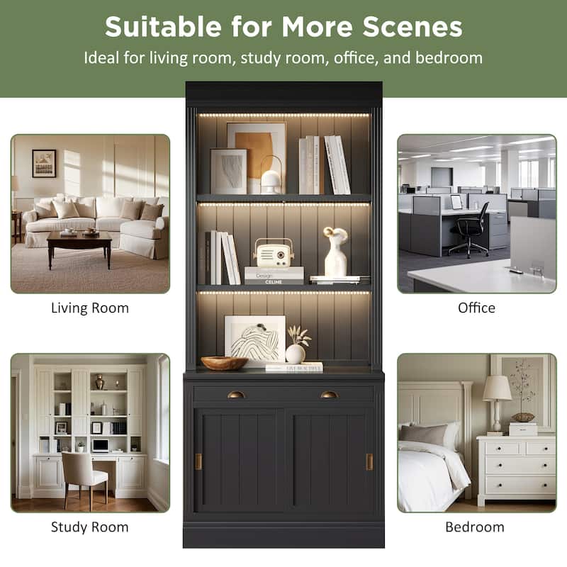 Modern Bookshelf Suite, 83.4" Wood Bookcase with Doors & Drawers, 4-Tier Large Storage Cabinet, Large LED Display Shelf