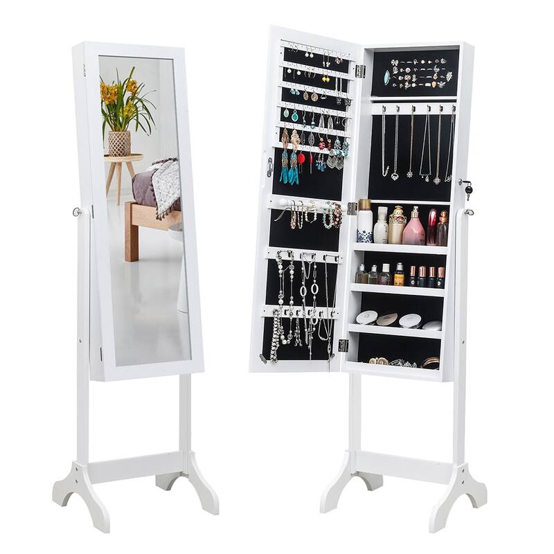 Wooden Floor Standing 4-Layer Shelf Jewelry Storage Adjustable Mirror Cabinet