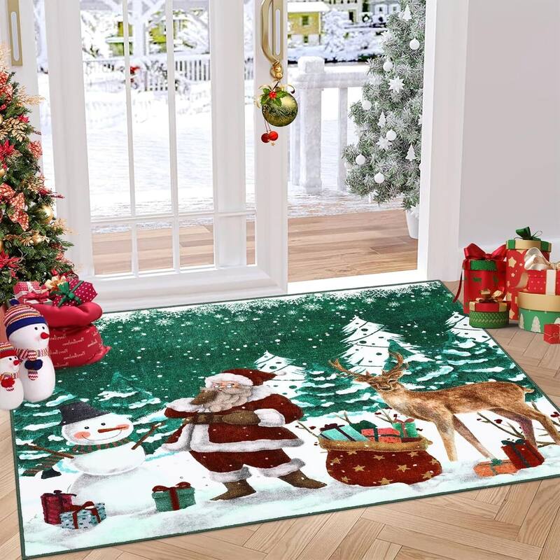 Soft Non-Slip Washable Christmas Santa Claus Area Rugs, Xmas Holiday Decor, Green