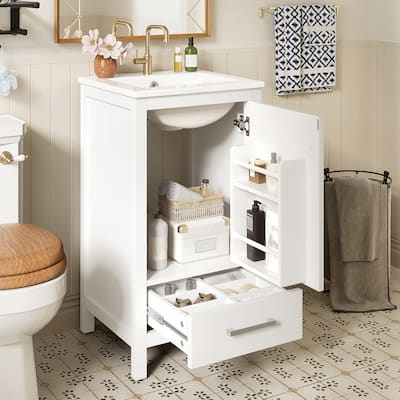 18" Bathroom Vanity with Ceramic Sink, Soft-Close Drawers and Door Organizer, Divider Drawer