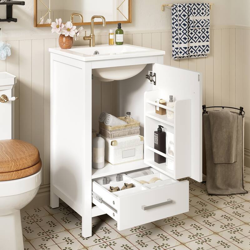 Roomfitters 18" Modern Bathroom Vanity with Ceramic Sink, Soft-Close Drawer, Divider Drawer and Door Organizer