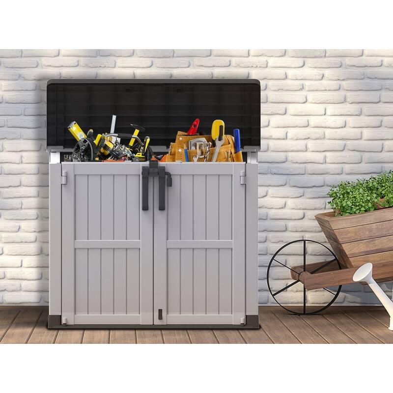 233GAL/880L Heavy-Duty Outdoor Storage Box with Wood-Effect Panels -Lockable Weather-Resistant Design for Garden Tools - 880L